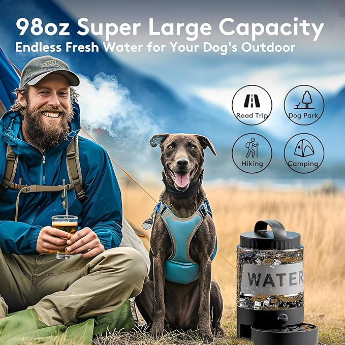 98oz Dog Water Bottle Bowl Dispenser, Large Dog Travel Water Bottle with Pull-Out Drinking Bowl, Portable Beach Camping Essentials Accessories, Bpa Free
