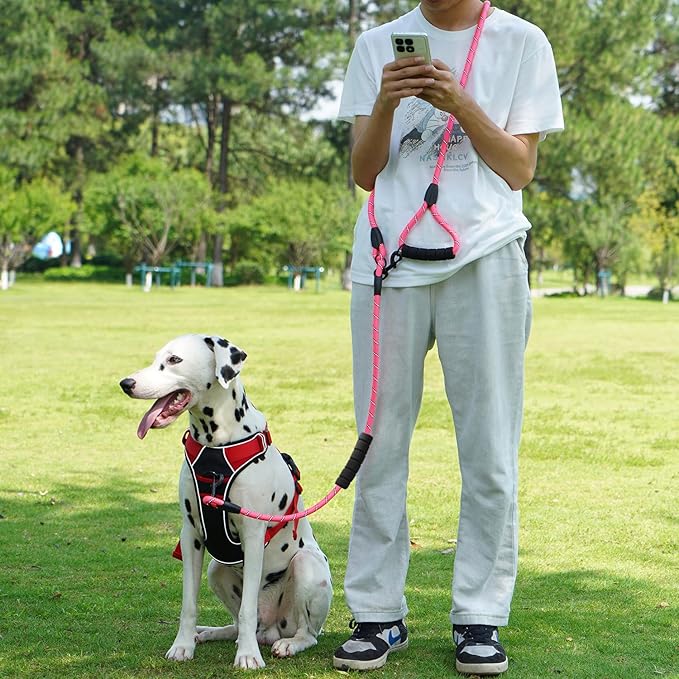 Cymiler Hands Free Dog Leash, 8 Ft Reflective Cross-Body Pet Rope Leashes with Sponge Handle, Heavy Duty Nylon, for Running, Hiking, Training, Waist Leash for Small Medium Large Dogs (Pink)