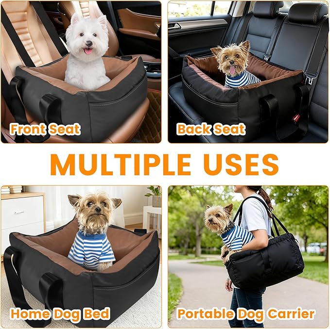Dog Car Seat for Small Dogs, Large Leather Dog Car Bed with Storage Pocket, Waterproof PVC Leather Booster Seat Travel Bed for Front & Back Seat, Clip-On Safety Leash (Black/Brown)