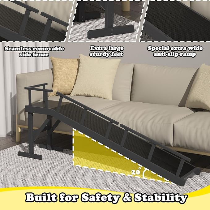 25" Height Dog Ramp for Bed, 73" Long Large Pet Ramp with Non-Slip Surface, Wooden Dog Ramp with Removable Rail & Rest Platform, Also as Dog Stairs for Small Senior Dogs with Glow Strips, Black