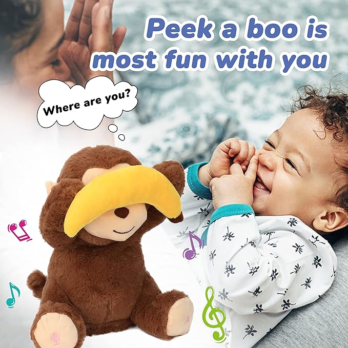Hopearl Peek A Boo Monkey with Banana Interactive Repeats What You Say Plush Toy Musical Singing Talking Stuffed Animal Adorable Electric Animate Birthday Festival, Brown, 11''