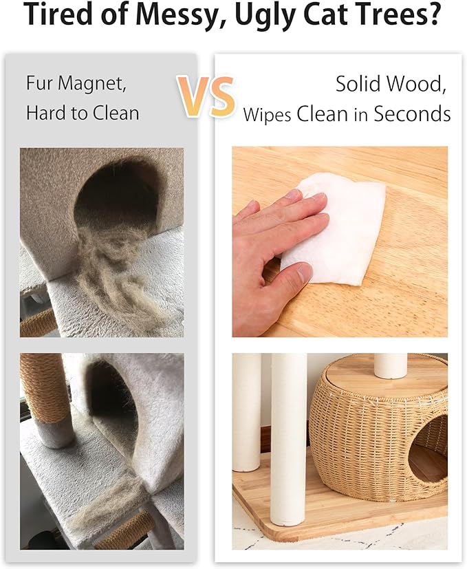 Wood Cat Tree for Large Cat, 63-Inch Tall Cat Tower with Scratching Post for Indoor Cats, Multi-Level Cat Condo with Hand-Woven Cat Bed and Acrylic Bowl Easy to Clean (White 81007s)