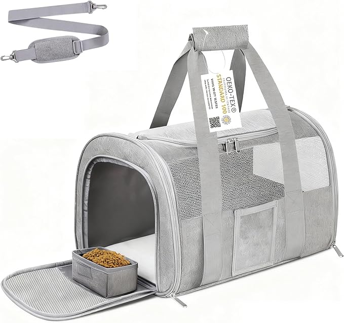 Cat Carrier Pet Dog Carrier Airline Approved for Puppy Kitten Carriers Under 15lb, Collapsible Soft Sided TSA Approved Travel Carrier-Grey