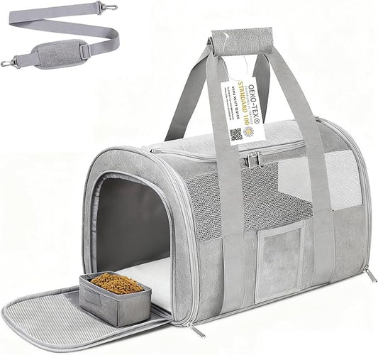 Cat Carrier Pet Dog Carrier Airline Approved for Puppy Kitten Carriers Under 15lb, Collapsible Soft Sided TSA Approved Travel Carrier-Grey