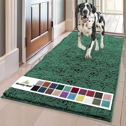 Muddy Mat® | Super Absorbent Door Mat Indoor, Microfiber Quick Dry Chenille Entryway Rug, Non-Slip Front Door Mat, Indoor Mats for Entryway, Machine Washable Pet Rug, Dark Green XL 59"X35"