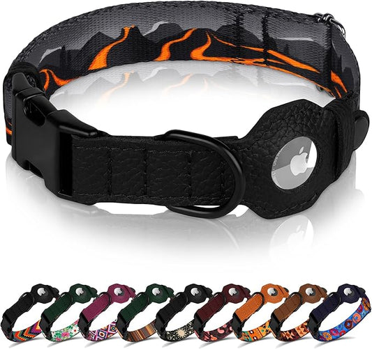 AirTag Dog Collar with Metal Buckle - Printed Nylon Soft Leather Dog Collar with Apple AirTag Holder - Secure Tracking GPS Pet Collars for Girl Boy Small Large Dogs (XL, 20"-25" Neck Fit, Hawaii)