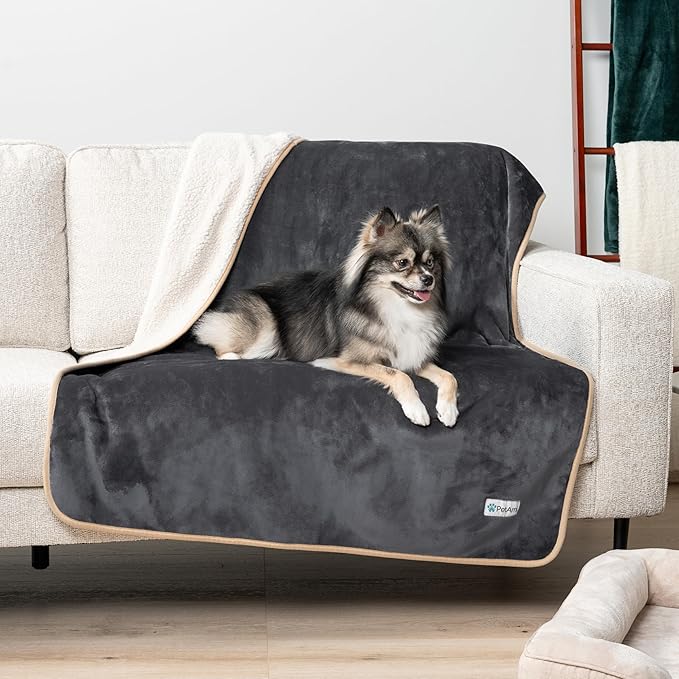 PetAmi Waterproof Dog Blanket for Medium Large Dogs, Pee Proof Pet Blanket for Bed Couch, Reversible Water Proof Blanket for Puppy Indoor Cat, Soft Dog Pee Crate Cover Washable, 60x80 Gray/Beige.