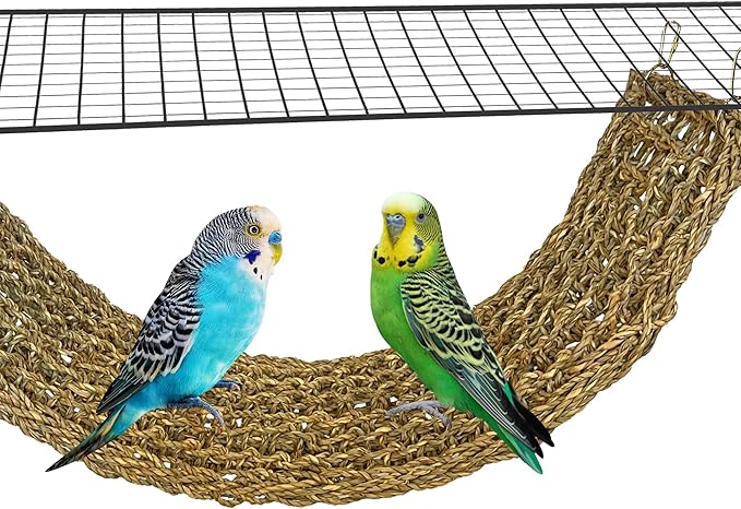 SIMENA Seagrass Mat for Birds, Natural Grass Woven Bird Net Hammock, Climbing Rope Ladder, Chew Toys for Parrots Lovebirds Cockatiels Conures Budgies, Cockatoos (Large)