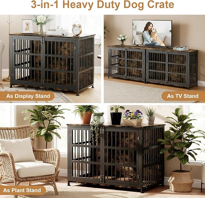 46" Dog Crate Furniture with Wheels, XXL Heavy Duty Dog Kennel Indoor for XL Dogs, Metal Chew-Proof Dog Cage, 45.9" L x 27.6" W x 32.4" H, Decorate House as TV Stand, End Table — Rustic Brown