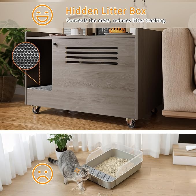 YZU Cat Litter Box Enclosure, Litter Box Furniture Hidden with Movable Wheels, Wooden Pet House Cabinet with Side End Table, 4-Grilles, Cat Litter Mat