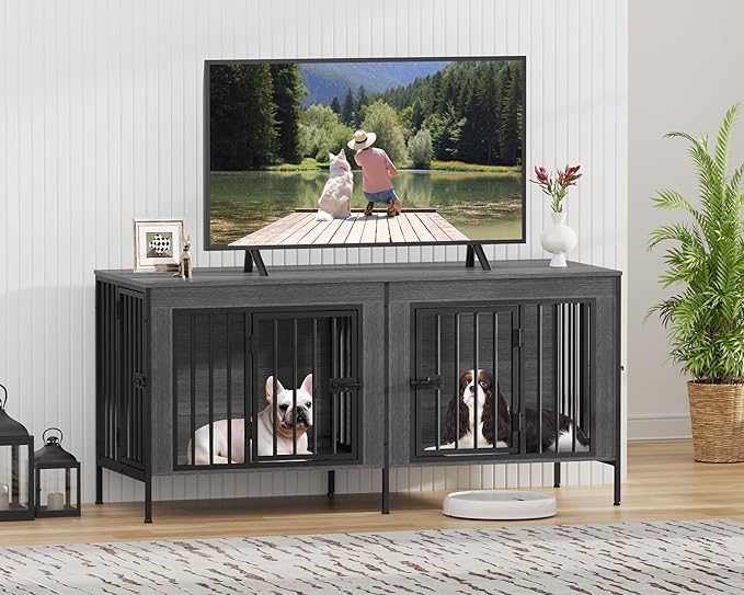EasyCom Dog Crate Furniture for 1 or 2 Dogs, Heavy Duty Single/Double Dog Crates for Small/Medium/Large Dogs, Dog Kennel Furniture Indoor as TV Stand, Small Size 55.12" L(0-20 Pounds), Oak Grey