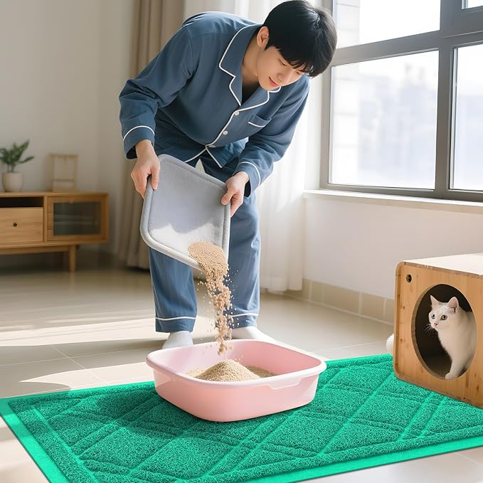 Smiry Cat Litter Box Mat 47x32, Non-Slip Water Resistant Litter Trapping Mat, Easy Clean Less Waste and Urine-Locking Cat Carpet for Indoor, Green