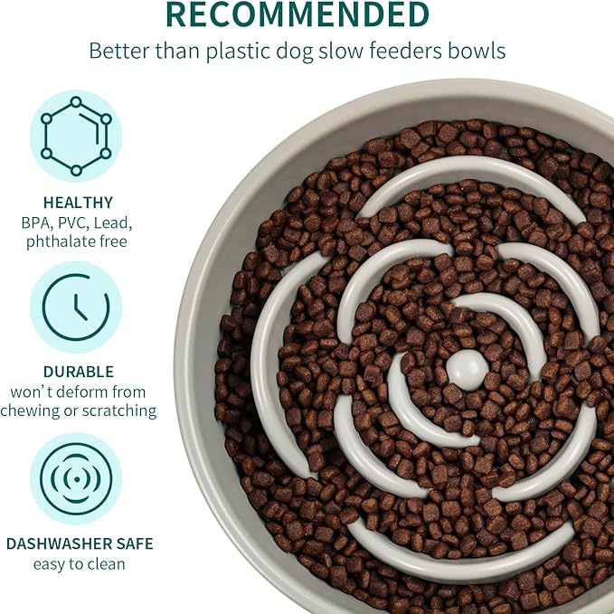 Grey Ceramic Slow Feeder Dog Bowl for Medium and Large Breed,1.5 Cup 8.26 in Slow Feeding Bowl,Puzzle Dog Food Bowl for Fast Eater,Maze Dish for Fast Eater