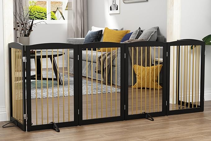 Freestanding Pet Gate for Dogs, Indoor Wooden Dog Gate for House, Extra Wide Foldable Dog Gate for Stair, Doorway, Hall, Support Feet Included, 120 Inch Wide, 6 Panels 32",Black&Gold