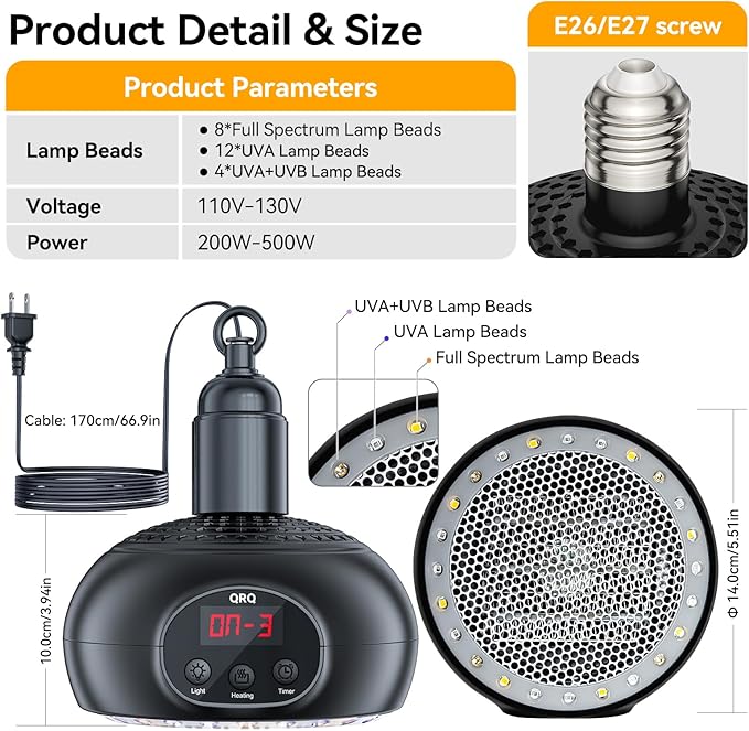 QRQ Chicken Coop Heater, 200W-350W-500W Reptile Heat Lamp with UVA UVB Dimmable Light 3-6-9-12H Timer, Chicken House Dog House Greenhouse Heater Outdoor,for Dog Cats Reptile Bird,Christmas Gifts