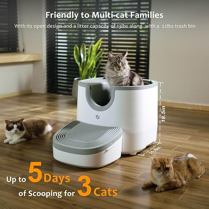 F8 Open-Top Automatic Litter Box Self Cleaning, Large Capacity for Multiple Cats with Integrated Safety Protection, Trash Bags Included