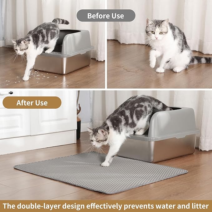 Cat Litter Mat 24x18 Inches, Honeycomb Double Layer Traps Litter & Waterproof Leatherette Bottom Prevents Urine Leaks, Durable & Easy Clean Pet Floor Protector for Cat Litter Box Area（Grey）