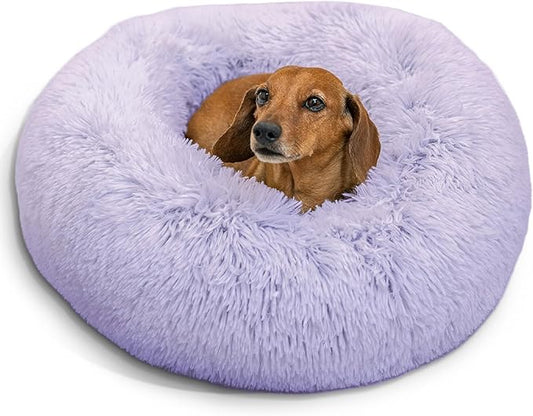 Best Friends by Sheri Original Calming Donut Dog and Cat Bed, Shag Faux Fur, Lavender, (23in x 23in) - Anxiety Relief for Pets Up to 25 lbs
