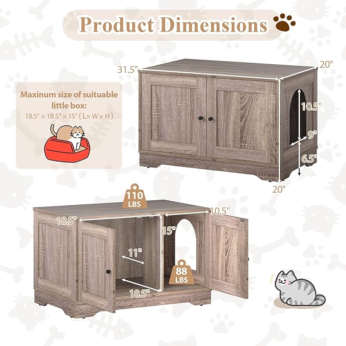 Tangkula Cat Litter Box Enclosure, Wooden Kitty Washroom Cabinet w/Winding Entry & Cat Hole, with Divider, Hidden Double Enclosed Litter Box Furniture for Living Room, Bedroom, Entryway (Grey)