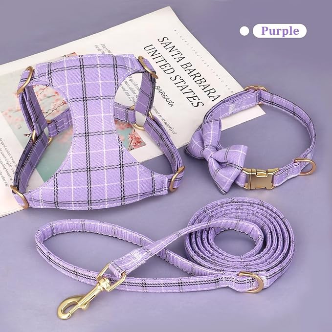 Beirui Cute Small Dog Harness Collar and Leash Set with Bowtie, Soft Adjustable Plaid Puppy Harness for Small Sized Dogs Cats Walks Parties and Photoshoots(Purple,S:Chest 17-23")