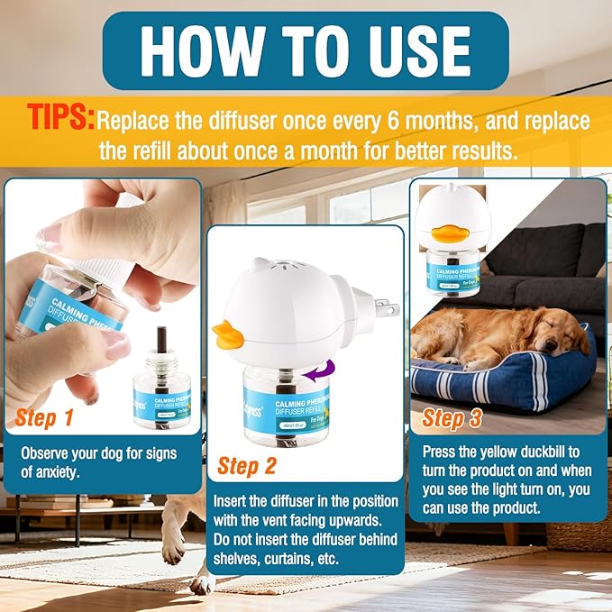 Dog Calming Pheromone Diffuser 4-In-1 Appeasing Pet Pheromone Calming Diffuser Kit (Plug in + 3 Pack 48ml Refill) for Anxiety Relief, Reduce Barking, Aggression & Stress, 90 Day Supply (Tasteless)