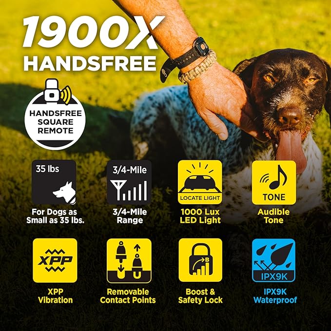 Dogtra 1900X Handsfree E-Collar for Dog Training - 3/4 Mile Range, for Dogs 45 lbs+, Waterproof, 100 Stimulation Levels, Vibration, Tone, Rechargeable - Hands-Free Remote for Dog Owners and Trainers