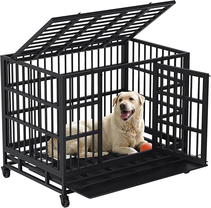 Shintenchi 48 inch Heavy Duty Crates for Large Dog, Indestructible and Escape-Proof Cage Kennel with Lockable Wheels, Double Door High Anxiety with Removable Tray, Black