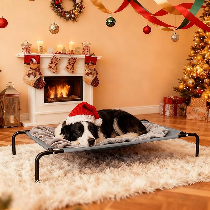 Elevated Dog Bed Waterproof Outdoor Pet Cot Cooling Dog Cot, Raised Bed for Large Dogs with Washable Breathable Mesh, No-Slip Feet, 50.8 x 31 x 8 inches, Grey
