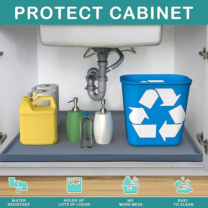 URMONA Waterproof Silicone Under Sink Mat 25'' x 22'' Shelf Liner for Kitchen and Bathroom, Cabinet and Counter Protector, Storage and Organizers, Litter Mat, Pet Cat Puppy Essentials(Cream)