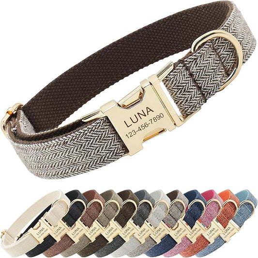 Polyester Personalized Dog Collar with Name and Phone Number, Customizable Laser-Engraved Collar with Metal Quick Release Buckle for Dogs (Tan)