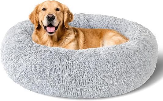 Dog Calming Beds for Small Medium Large Dogs - Round Donut Washable Dog Bed, Anti-Slip Faux Fur Fluffy Donut Cuddler Anxiety Cat Bed(36" Light Gray)
