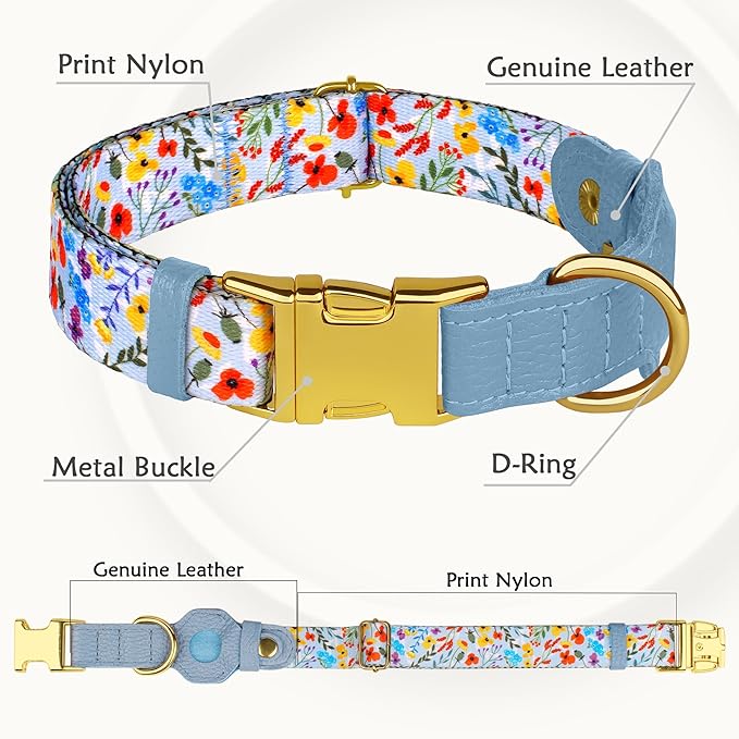 AirTag Dog Collar for Small Medium Large Breed - Adjustable Cute Pattern Dog Collar with Airtag Holder - Soft Leather Tracker GPS Apple Air Tag Pet Collars (X-Large, 20"-25" Neck Fit, Floral)