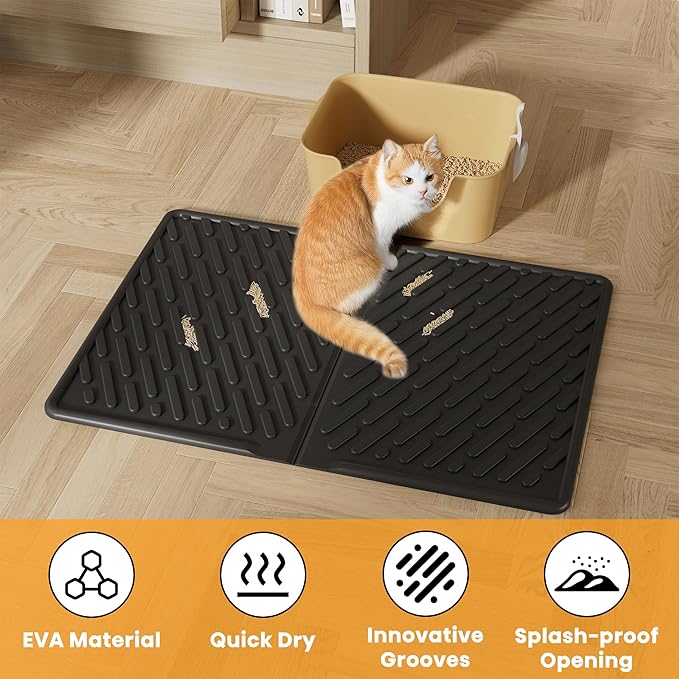 Pieviev Cat Litter Box Mat, 24"x 17" EVA Scratch Resistant Litter Trapping Mat, Easy Clean for Scatter Control, Soft on Kitty Paws, Waterproof & Urine Proof for Indoor Use, Black