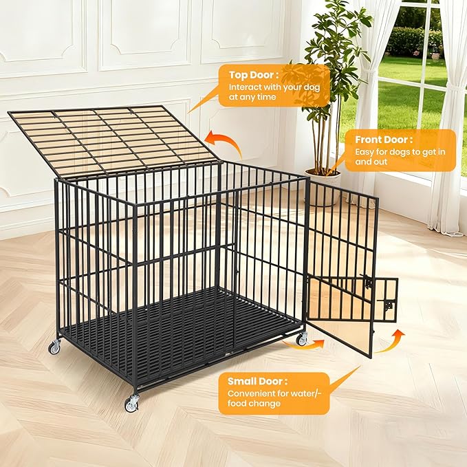 Garvee 54 Inch Heavy Duty Dog Crate, Metal Escape Proof Dog Kennel Indoor with 3 Doors, Removable Tray, Extra Large Dog Cage with Wheels for Large and Medium Dogs, Black
