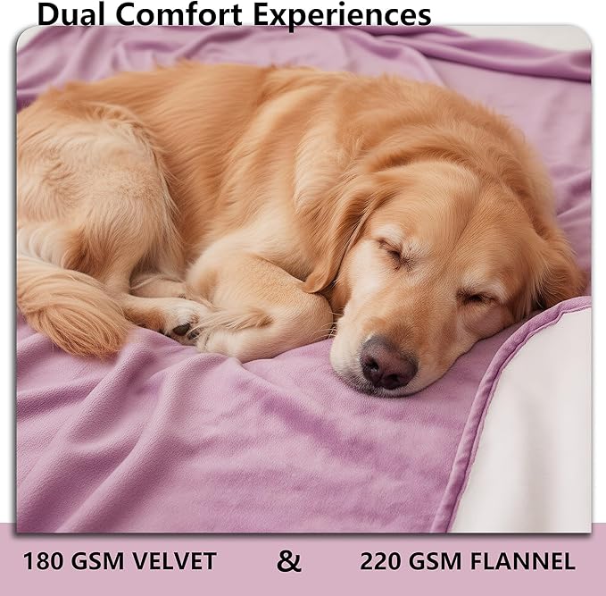 Waterproof Blanket for Bed King Size, Leak Proof Dog Couch Blankets Reversible, Pet Throw Sofa Furniture Protector Machine Washable-82 x108,Purple+Cream