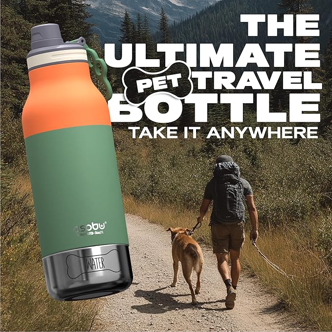 Asobu Dog Barky Bottle – Insulated Stainless Steel Water Bottle with 2 Removable Dog Bowls for Food, Treats & Water – Pet-Friendly Travel Bottle for Hiking, Road Trips & Outdoor Adventures