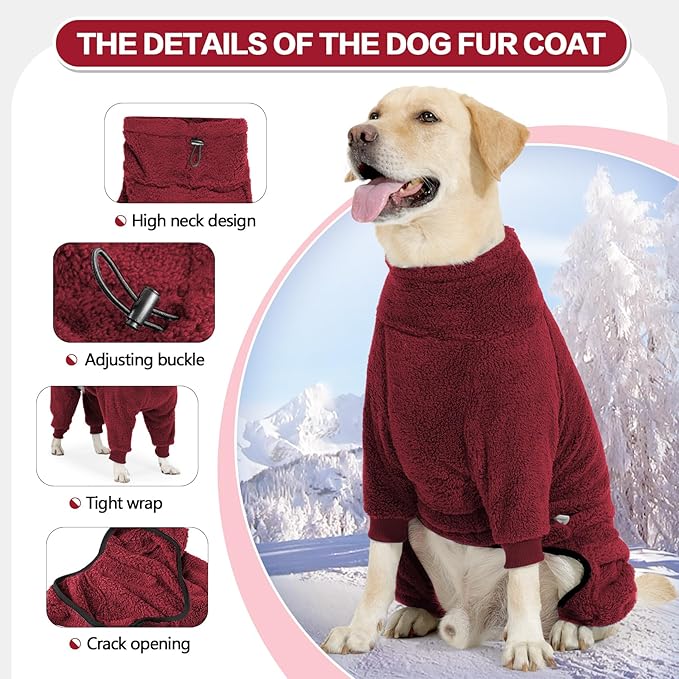Dog Winter Coat, Warm Fleece Dog Jacket, Windproof Pullover Jumpsuit, Full Body Pajamas Onesie, Cold Weather Clothes for Medium Large Dog(Mediuml,Red)