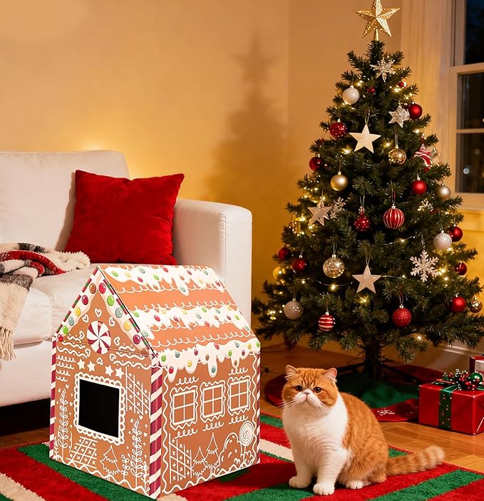 Christmas Gingerbread Cat House 16.5"x 13"x19" Christmas Cardboard Cat Scratcher House with Scratching Pad for Indoor Cats Kittens Large Cat Playhouse