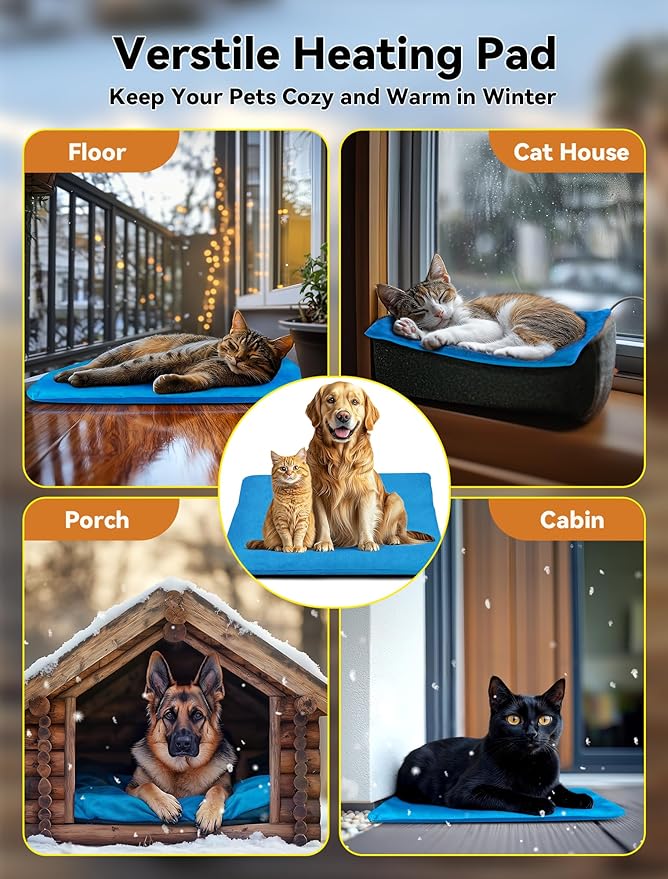 Outdoor Pet Heating Pad for Dog & Cat, Multi-Size Waterproof Heated Cat Dog Bed for Outside, Pet Heater Warmer Mat Blanket with Chew Resistant Cord for Senior Dog Cat House Whelping Box,Blue,16" x 28"