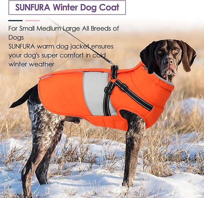 SUNFURA Small Dog Coat with Harness Built in, Warm Dog Jacket Winter with Zipper On Back, Waterproof Pet Snow Jacket Snowsuit Pet Sweater Clothes for Schnauzer, Yorkshire Terrier, Orange S