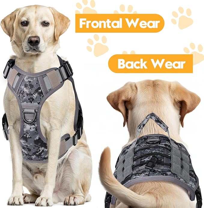 Heavy-Duty Tactical Dog Harness for Large Dogs, No Pull Adjustable Reflective Pet Vest with Molle System, K9 Military-Grade Control for Service Training, Outdoor & 10+ Breeds, Gray Camo, Medium