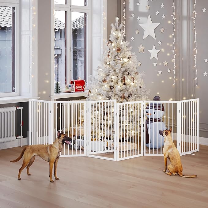 Vantas Folding No-Assembly Metal Pet Gate 120" Wide, 24" Extra Tall Dog Gate with Door Walk Through, Freestanding Accordion Puppy Gate Dog Door for Indoor & Outdoor, with 2PCS Support - White