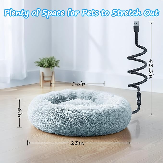 Heated Cat Bed for Indoor Cats, 23-inch Cozy Donut with USB Power, Adjustable Temperature & Timer, Machine Washable Cover for Small & Medium Cats (Light Gray)