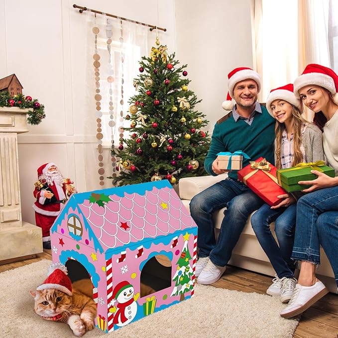 Cinrobiye Christmas Cardboard Cat House with Scratcher DIY Coloring Pet Gingerbread Board Bed Cave Playhouse Hideaway Hideout Condo Decor Animals Scratch Box for Indoor Cats Kittens Rabbits Bunny