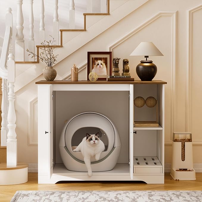 PAKASEPT Large Cat Litter Enclosure with Litter Collector, Wooden Cat Washroom Enclosure for self-Cleaning Litter Boxes, Large Hidden Litter Box Furniture with Charging Station, Wooden Cat House