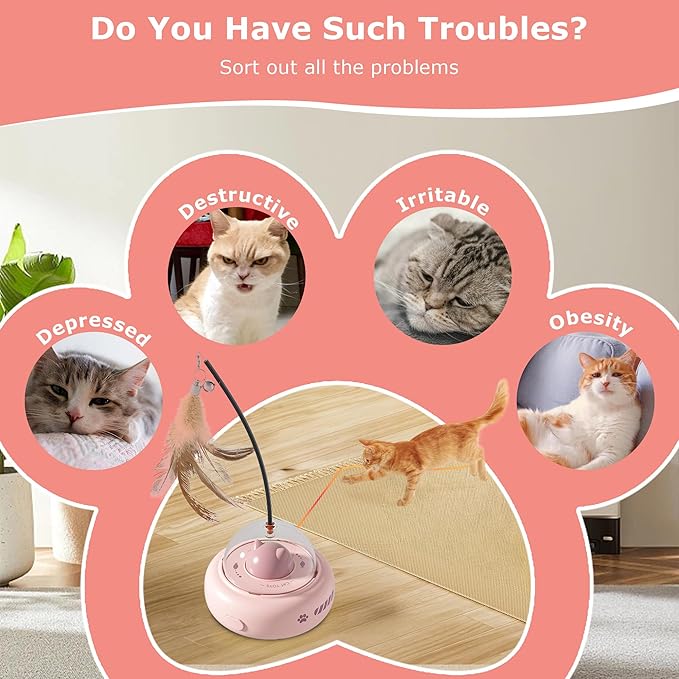 hooroor 2-in-1 UFO Laser Cat Toy with Feather, Automatic Motion Smart Sensor Interactive Toy for Indoor Cats & Small Dogs, Rechargeable 360° Obstacle-Avoidance Exercise Toy, Fun Self-Play Pet Gift