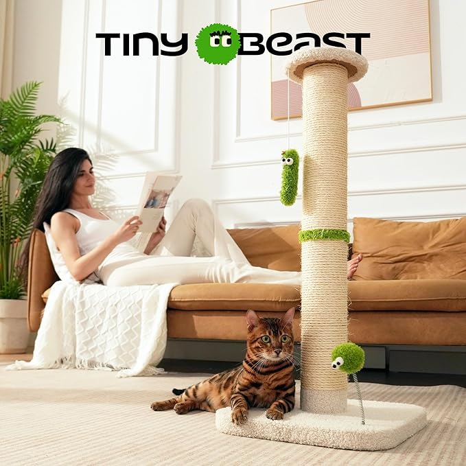 TINYBEAST 34.7" Tall Cat Scratching Post, 3 in 1 Sisal Cat Scratcher, Heavy Duty 4.3" Diameter Cat Tree with Hanging Bell Ball Toy and Reinforced Stable Base for Indoor Adult Cats & Kittens