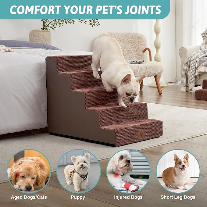 Dog Stairs for Small Dogs 5-Step, 19.7" Extra Wide Right-Angle Pet Stairs for Couch and Beds, Anti-Slip Dog Steps for Old Cats and Lowrider, 19.7x29.5x23.6 inch, Brown