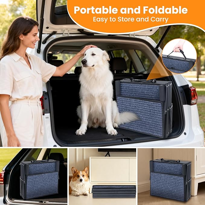 Dog Stairs for Car, 42''x 17'' Extra Wide Dog Stairs for Large Dogs to 250 LBS, Portable Dog Steps with Removable Non-Slip Surface, 4 Steps Foldable Dog Ramp for Car, SUV, High Bed/Couch