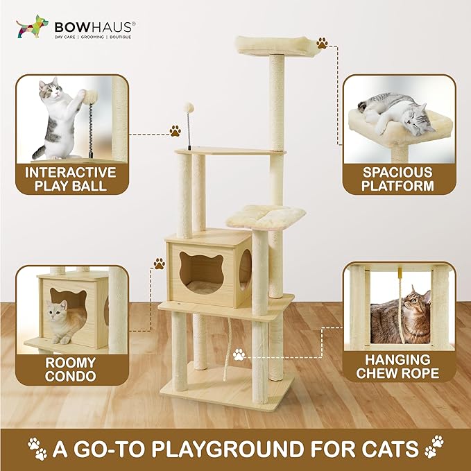 65” Wooden Cat Tree Tower for Indoor Large Cats & Kittens, Modern Tall Cat Climbing Tree w/Cave Condo, Scratching Posts, Perch, Multi-Level Cat Tower w/Interactive Toy & Detachable Cushion